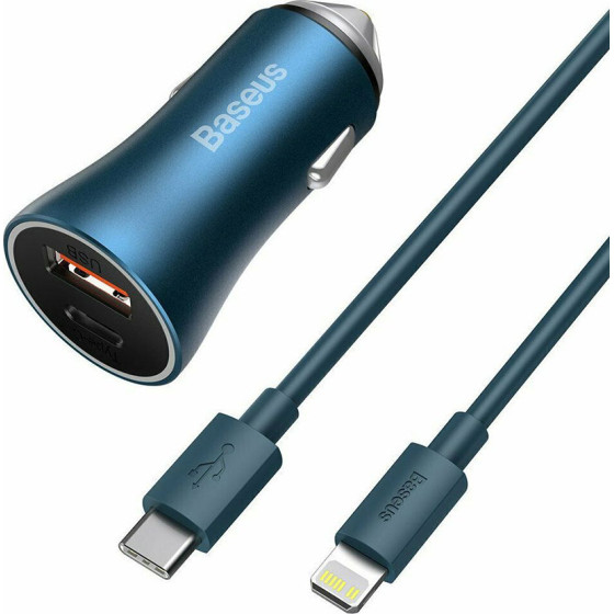 Baseus Car Charger Golden Contactor Pro Dual Quick Charger (With Type-C - Lightning 1m Blue) 40W Blue - (TZCCJD-03)