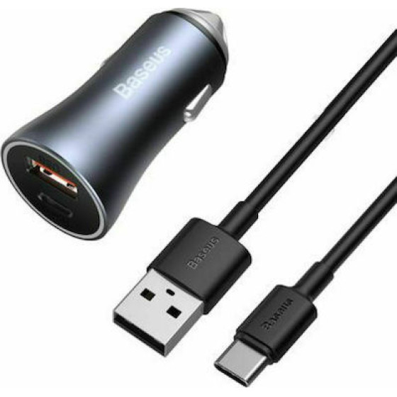 Baseus Car Charger Golden Contactor Pro Dual Quick Charger U+C, Pd 3.0, Qc 4+, Scp Fcp Afc (With Usb - Type C 1m cable) Gray - (TZCCJD-0G)