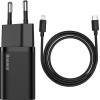 Baseus Travel Charger Set Super Si 1C Qc (With Simple Wisdom Cable Type-C To Lightning 1m) 20W Eu Black - (TZCCSUP-B01)