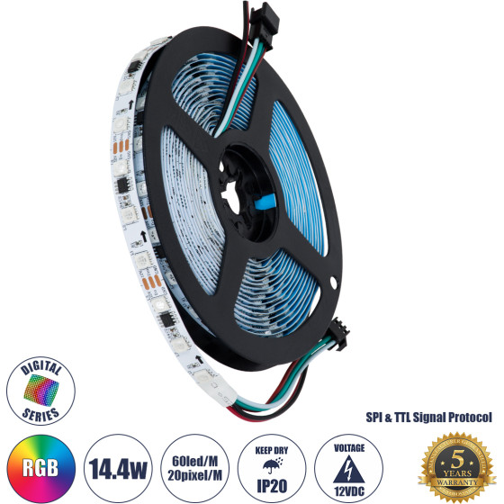 GloboStar Digital Pixel Addressable Strip - Led Smd 5050 14.4W/m 60LED/m 20PIXEL/m SPI/Ttl Protocol Ic WS2811/UCS16703 1152lm/m 120� Dc 12V IP20 Rgb - ����� ���� - �5000 x �10 x �2mm - ���������� 5 ������ - 5 ������ ������� - (90589)