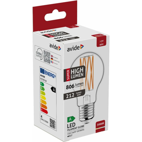Avide Led Filament Globe 3.8W E27 Ww 3000K Super High Lumen - (ABLFG27WW-3.8W)