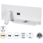 GloboStar Paladin �������� ��������� ������ - ������ ����������� Bed Side Led 6W 720lm 36� Ac 220-240V - Reading Light & ������ �������� - ��������� Usb 3A & Wireless 20W - �30 x �11 x �12cm - ������ ����� 4500K - ����� - ���� - (61354)