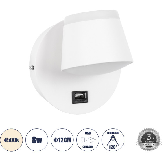 GloboStar Regency �������� ��������� ������ - ������ ����������� Bed Side Led 8W 920lm 120� Ac 220-240V - Reading Up/Down Light - ��������� Usb 3A - �12 x �12 x �13cm - ������ ����� 4500K - ����� - (61374)