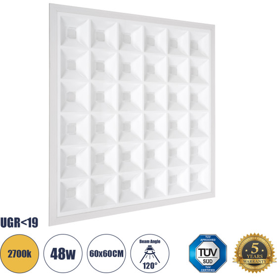 GloboStar Zeus ������� Led Panel 60x60cm 48W 6960lm 120� CRI =86Ra UGR 19 Anti-Glare Shield Diffuser Ac 220-240V IP44 �60 x �60 x �3.3cm - ����� ����� 2700K - Bridgelux High Lumen Chips - Tuv Certified Driver - 5 Years Warranty - (60970)