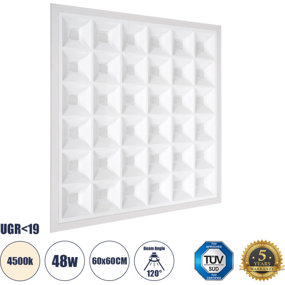 GloboStar Zeus ������� Led Panel 60x60cm 48W 7200lm 120� CRI =86Ra UGR 19 Anti-Glare Shield Diffuser Ac 220-240V IP44 �60 x �60 x �3.3cm - ������ ����� 4500K - Bridgelux High Lumen Chips - Tuv Certified Driver - 5 Years Warranty - (60969)