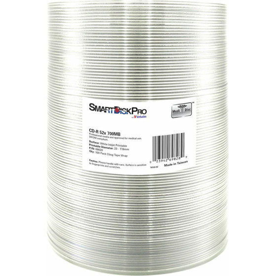 Verbatim Smartdisk Pro CD-R 52x 700MB, 100-Pack Wrap, White Inkjet Printable - (69828)