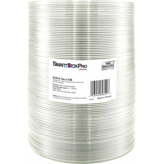 Verbatim Smartdisk Pro DVD-R 16x 4.7GB, 100-Pack Wrap White Inkjet Printable - (69829)