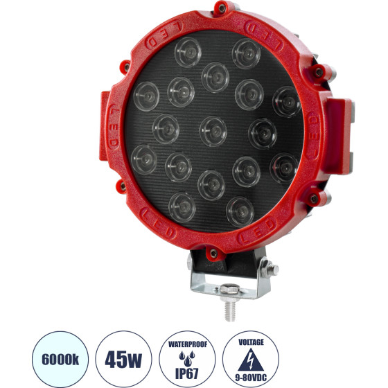 GloboStar Vehicle & Forklift Work Lights - ���� �������� ��� ������� ���������� - ����� Led 45W Dc 9-80V ��������� IP67 ����� ������� �20 x �18 x �5cm - (85422)
