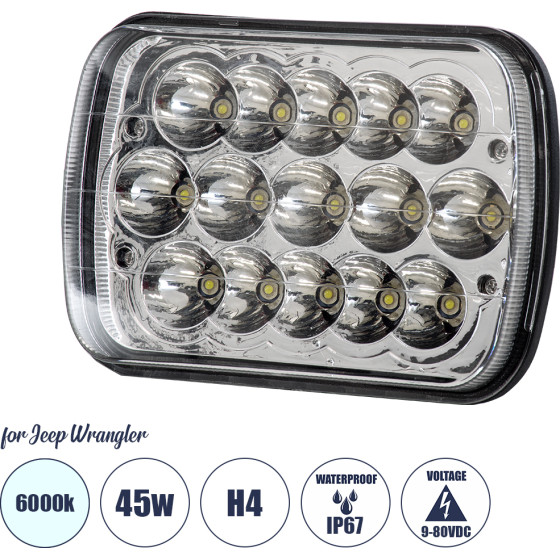 GloboStar ������ Jeep Wrangler ������� �������� H4 H/L Led Cree Cxb Cob 45W 4500lm Dc 9-80V ��������� IP67 ����� ����� 6000K �17 x �11 x �5.5cm - (85421)