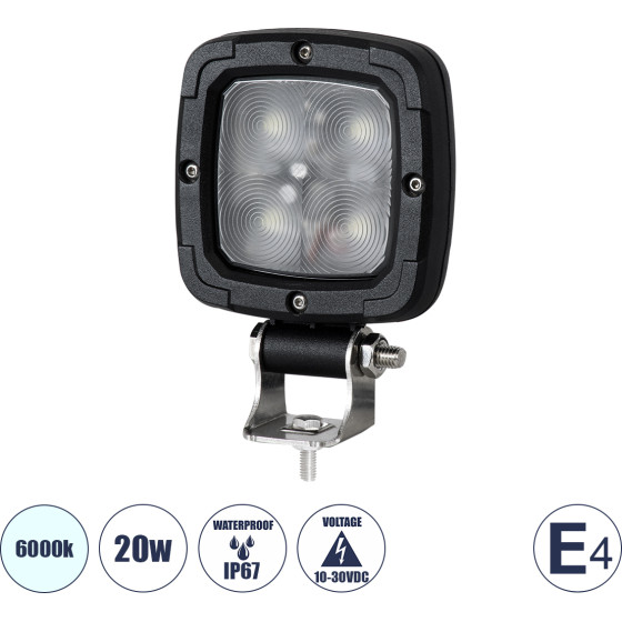GloboStar E4 Mark Vehicle & Forklift Work Lights - ���� �������� ��� ������� ���������� - ����� Led 20W Dc 10-30V ��������� IP67 ����� ����� 6000K �14 x �9.5 x �3cm - (85427)