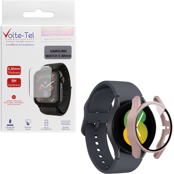 Volte-Tel Tempered Glass Samsung Watch 5 40mm 1.2'' 9H 0.30mm Pc Edge Cover With Key 3D Full Glue Full Cover Rose GOLD - (5205308325694)