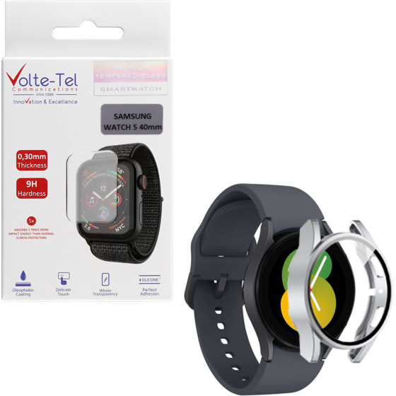Volte-Tel Tempered Glass Samsung Watch 5 40mm 1.2'' 9H 0.30mm Pc Edge Cover With Key 3D Full Glue Full Cover SILVER - (5205308325717)