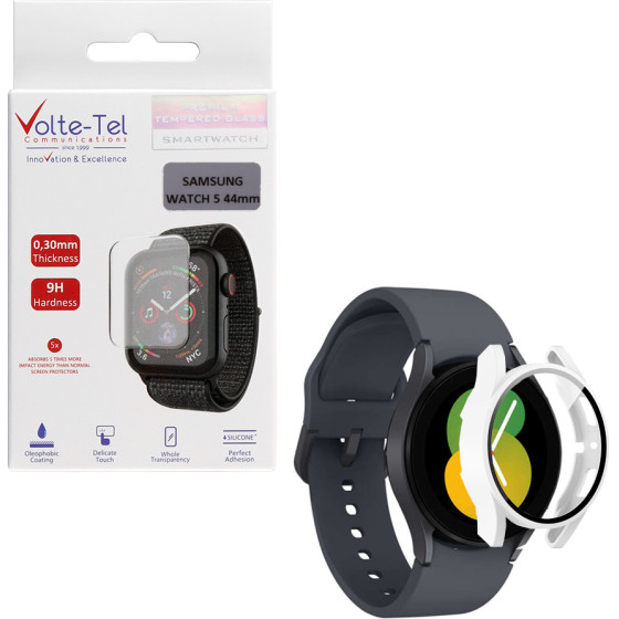 Volte-Tel Tempered Glass Samsung Watch 5 44mm 1.4'' 9H 0.30mm Pc Edge Cover With Key 3D Full Glue Full Cover WHITE - (5205308325786)