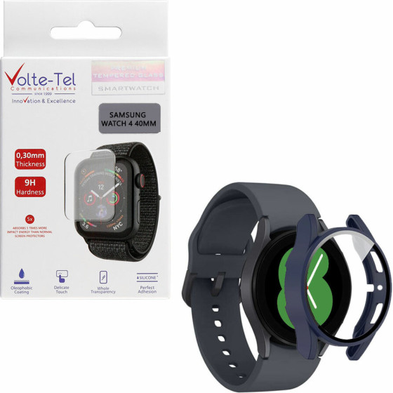 Volte-Tel Tempered Glass Samsung Watch 4 40mm 1.2'' 9H 0.30mm Pc Edge Cover With Key 3D Full Glue Full Cover BLUE - (5205308325854)