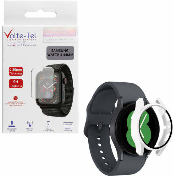 Volte-Tel Tempered Glass Samsung Watch 4 44mm 1.4'' 9H 0.30mm Pc Edge Cover With Key 3D Full Glue Full Cover WHITE - (5205308325892)