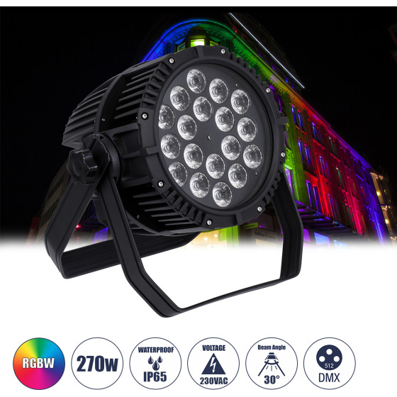 GloboStar Centaur ������������� ������ Par DMX512 270W Ac 220V-240V 4in1 - Spot 30� Osram Led ��������� IP65 Rgbw - ����� - L22.6 x W22 x H32cm - (51130)