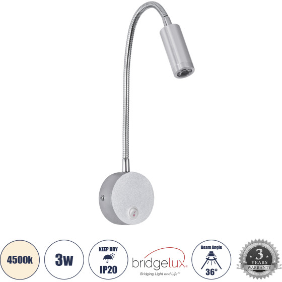 GloboStar Goose �������� ��������� ������ - ������ ����������� Bed Side Led 3W 300lm 36� Ac 220-240V - Reading Light - �6.5 x �15 x �24.5cm - ������ ����� 4500K - ����� ����� - (60879)