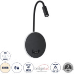 GloboStar Goose �������� ��������� ������ - ������ ����������� Bed Side Led 6W 600lm 36� & 360� Ac 220-240V - Reading Light & 360� ������ �������� - ��������� Usb 3A - �15.5 x �15 x �30.5cm - ������ ����� 4500K - ����� - (60883)