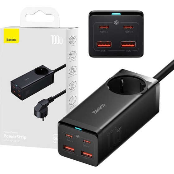 Baseus ��������� �� ������������ ������� �� 2 ����� USB-A ��� 2 ����� USB-C 100W Quick Charge 4.0 ������ (GaN3 Pro) - (CCGAN100-1ACE)