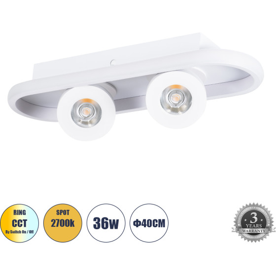GloboStar Nespo ��������� ������ Linear Design Led Cct �� ��������� ���� Led Spot Downlight 36W 4032lm 360� & 45� Ac 220-240V - �������� �������� ���� �������� On/Off All In One ����� 6000k+4500k+2700k �40 x �13 x �6.5cm - ����� - (61213)