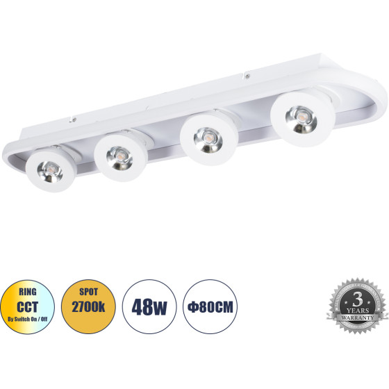 GloboStar Nespo ��������� ������ Linear Design Led Cct �� ��������� ���� Led Spot Downlight 48W 5376lm 360� & 45� Ac 220-240V - �������� �������� ���� �������� On/Off All In One ����� 6000k+4500k+2700k �80 x �13 x �6.5cm - ����� - (61215)