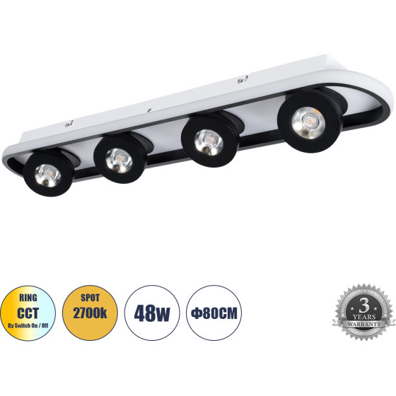 GloboStar Nespo ��������� ������ Linear Design Led Cct �� ��������� ���� Led Spot Downlight 48W 5376lm 360� & 45� Ac 220-240V - �������� �������� ���� �������� On/Off All In One ����� 6000k+4500k+2700k �80 x �13 x �6.5cm - ����� - (61214)
