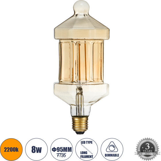 GloboStar ����� Led Long Filament E27 FT95 Lantern ������� 8W 650lm 360� Ac 220-240V IP20 �9.5 x �21.5cm Ultra ����� ����� 2200K �� ���� ����� - Dimmable - 3 Years Warranty - (99026)