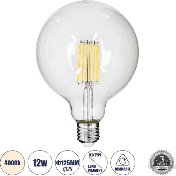 GloboStar ����� Led Long Filament E27 G125 ������� 12W 1320lm 360� Ac 220-240V IP20 �12.5 x �18cm ������ ����� 4000K �� ������� ����� - Dimmable - 3 Years Warranty - (99055)