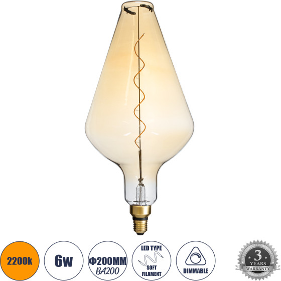 GloboStar ����� Led Soft S Spiral Filament E27 BA200 Rocket ������� 6W 420lm 360� Ac 220-240V IP20 �20 x �41.5cm Ultra ����� ����� 2200K �� ���� ����� - Dimmable - 3 Years Warranty - (99022)