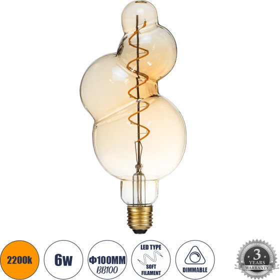 GloboStar ����� Led Soft S Spiral Filament E27 BB100 Bubbles ������� 6W 420lm 360� Ac 220-240V IP20 �10 x �24cm Ultra ����� ����� 2200K �� ���� ����� - Dimmable - 3 Years Warranty - (99021)