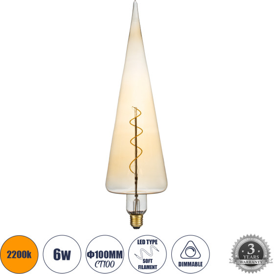 GloboStar ����� Led Soft S Spiral Filament E27 CT100 Spear ������� 6W 420lm 360� Ac 220-240V IP20 �10 x �28cm Ultra ����� ����� 2200K �� ���� ����� - Dimmable - 3 Years Warranty - (99023)
