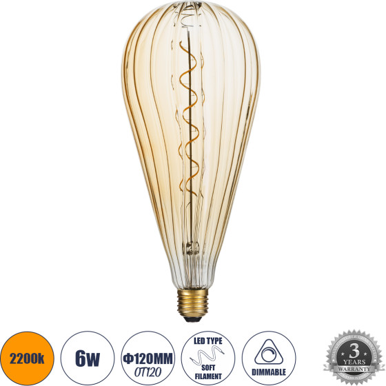 GloboStar ����� Led Soft S Spiral Filament E27 OT120 Zeppelin ������� 6W 420lm 360� Ac 220-240V IP20 �12 x �46cm Ultra ����� ����� 2200K �� ���� ����� - Dimmable - 3 Years Warranty - (99024)