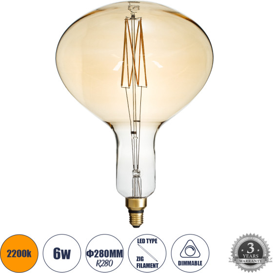 GloboStar ����� Led Zig Long Filament E27 R280 Butternut ������� 6W 420lm 360� Ac 220-240V IP20 �28 x �41cm Ultra ����� ����� 2200K �� ���� ����� - Dimmable - 3 Years Warranty - (99027)
