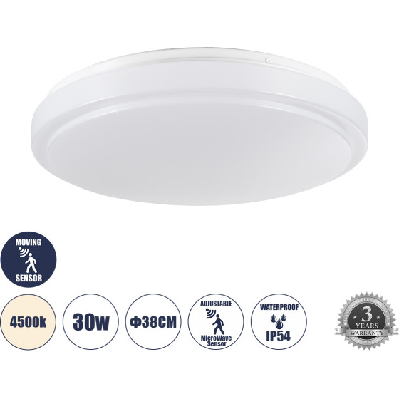GloboStar Sensorano ���������� ������ Led 30W 3000lm 120� Ac 220-240V �� ������������ ������� ������������ Microwave ��������� ������� - ��������� IP54 �38 x �5.3cm ������ ����� 4500K - ����� - Bridgelux Chips - 3 Years Warranty - (60995)