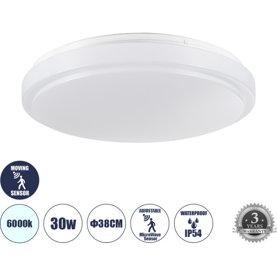 GloboStar Sensorano ���������� ������ Led 30W 3000lm 120� Ac 220-240V �� ������������ ������� ������������ Microwave ��������� ������� - ��������� IP54 �38 x �5.3cm ����� ����� 6000K - ����� - Bridgelux Chips - 3 Years Warranty - (60994)