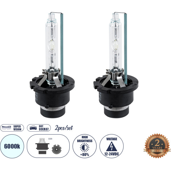 GloboStar ������ ����������� Hid Xenon D2S Super Vision High Brightness +80% Can-Bus Dot ECER37 360� Dc 12-24V IP20 �3.2 x �7.6cm ����� ����� 6000K - ��� 2 �������� - (84042)