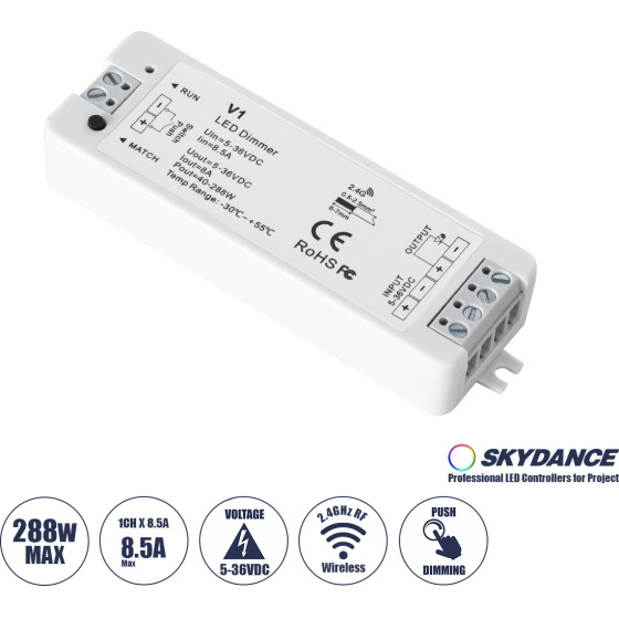 GloboStar V1 Skydance Dc Rf 2.4GHz Dimmer High Speed Controller & Push Dimming 1 ������ Dc 5-36V 1 x 8A 288W - Max 8.5A 288W - IP20 �10 x �3.5 x �2cm - 5 Years Warranty - (71567)