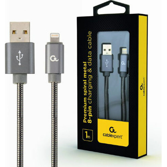 Cablexpert Premium Spiral Metal 8-Pin Charging And Data Cable 1M Metallic Grey Retail Pack - (CC-USB2S-AMLM-1M-BG)