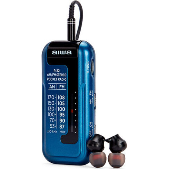 AIWA Mini Pocket Radio With Earphones Blue - (R-22BL)