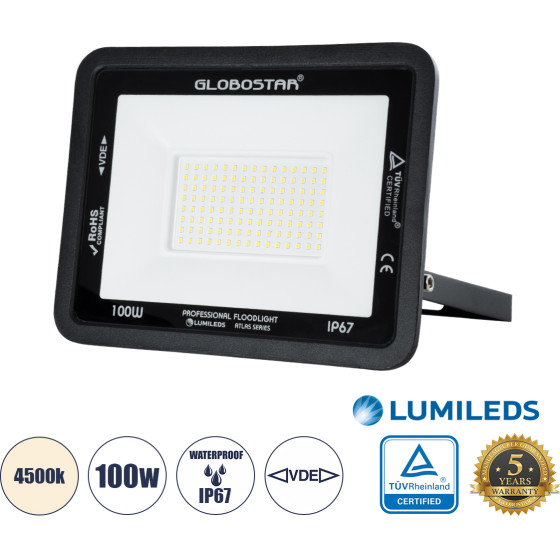 GloboStar Atlas �������������� ��������� Led 100W 12000lm 120� Ac 220-240V - ���������� IP67 - �27 x �4 x �21cm - ����� - ������ ����� 4500K - Lumileds Chips - Tuv Rheinland Certified - 5 Years Warranty - (61426)