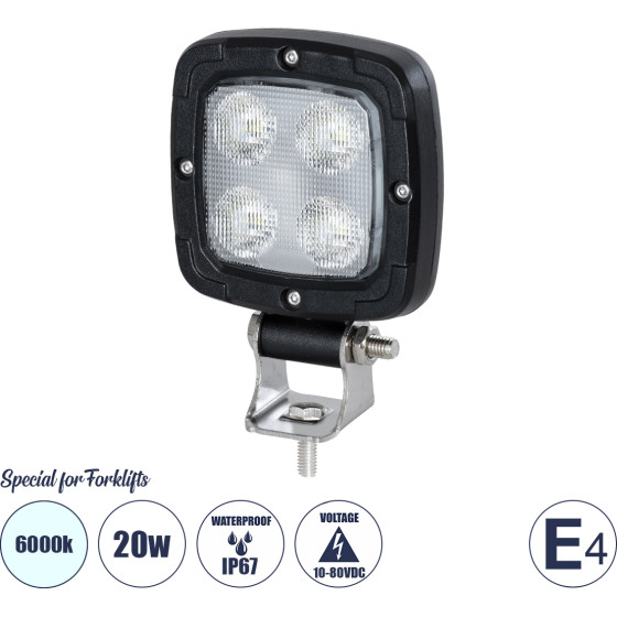 GloboStar E4 Mark Vehicle & Forklift Work Lights - ���� �������� ��� ������� ���������� - ����� Led 20W Dc 10-80V ��������� IP67 ����� ����� 6000K �11 x �11 x �5cm - (85399)