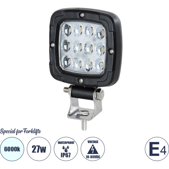 GloboStar E4 Mark Vehicle & Forklift Work Lights - ���� �������� ��� ������� ���������� - ����� Led 27W Dc 10-80V ��������� IP67 ����� ����� 6000K �9.5 x �3 x �13.5cm - (85454)