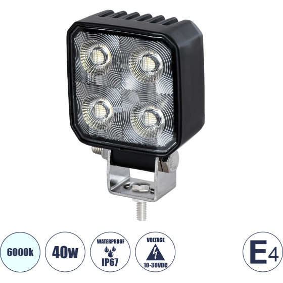 GloboStar E4 Mark Vehicle & Forklift Work Lights - ���� �������� ��� ������� ���������� - ����� Led 40W Dc 10-30V ��������� IP67 ����� ����� 6000K �7.5 x �3.5 x �11cm - (85334)