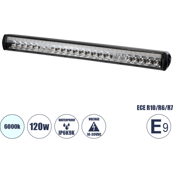 GloboStar E9 Mark Vehicle - Jeep & Forklift Led Bar - ����� �������� ��� ������� - Jeep & ���������� - ����� Led 120W Dc 10-30V ��������� IP6K9K ����� ����� 6000K �50 x �6 x �5cm - (85333)