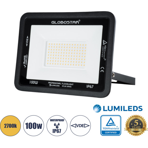 GloboStar Atlas �������������� ��������� Led 100W 11500lm 120� Ac 220-240V - ���������� IP67 - �27 x �4 x �21cm - ����� - ����� ����� 2700K - Lumileds Chips - Tuv Rheinland Certified - 5 Years Warranty - (61427)
