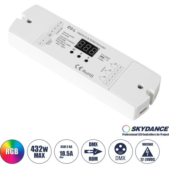 GloboStar D3-L Skydance Dc Dmx & Rdm Dimmer High Speed Controller / Decoder 3 �������� Dc 12-24V 3 x 6A 144W - Max 18.5A 432W - IP20 �17 x �5 x �2.5cm - 5 Years Warranty - (71447)