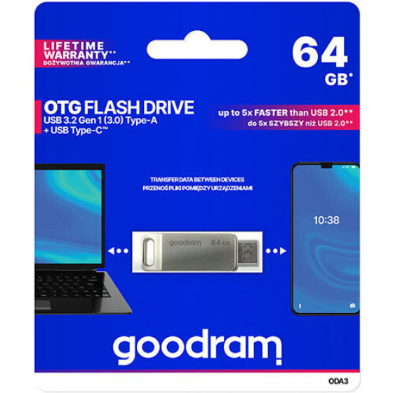 GoodRAM Otg Flash Drive USB3.2 GEN1 64GB & TYPE-C Silver - (ODA3-0640S0R11)