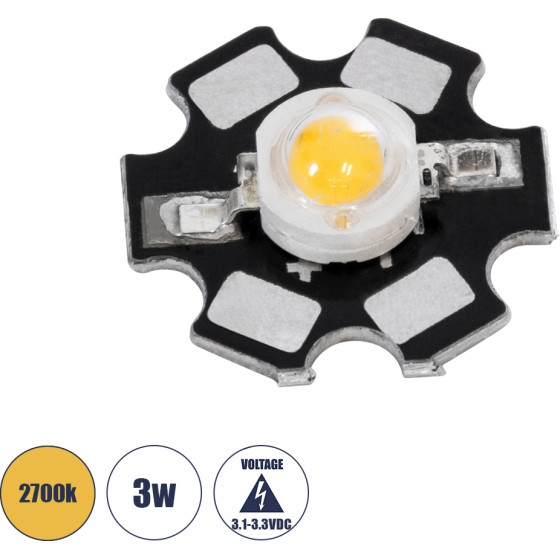 GloboStar High Power Star Led - ������ ������ Star Led 3W Dc 3.2V ����� ����� 2700K �2 x �0.6cm - 2 ������ ������� - (73744)