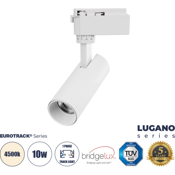 GloboStar Lugano ���������� ��������� ���� ����� Led 10W 1250lm 36� Acrylic Hq Lens Ac 220-240V IP20 �4.5 x �19cm ������ ����� 4500K - Eurotrack System 1L+1N - ����� - Bridgelux Chip - Tuv Certified Driver - 5 ������ ������� - (60801)