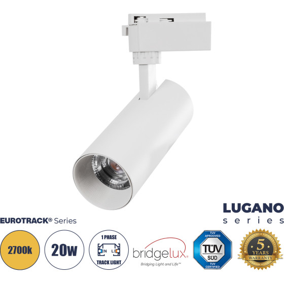 GloboStar Lugano ���������� ��������� ���� ����� Led 20W 2400lm 36� Acrylic Hq Lens Ac 220-240V IP20 �6.5 x �22cm ����� ����� 2700K - Eurotrack System 1L+1N - ����� - Bridgelux Chip - Tuv Certified Driver - 5 ������ ������� - (60808)